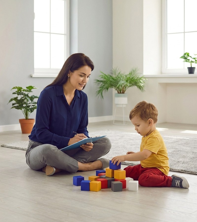 BCBA conducting structured assessment with young child using developmental toys and observation checklist