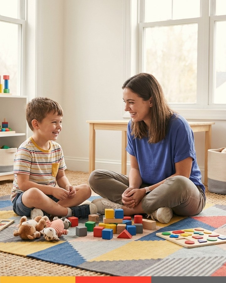 RBT and child engaged in naturalistic play-based teaching with toys spread on floor